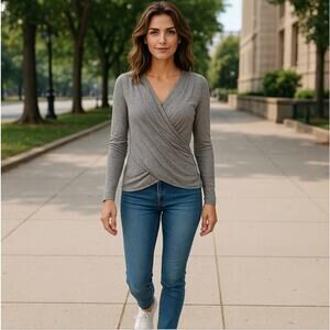 Naked Zebra Faux Wrap Lattice Back Long Sleeve Top Size S